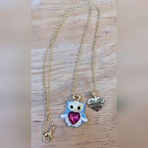 Owl Necklace with Pink Heart Gem & "Never Forget Whooo Loves You" Charm, T5B3B